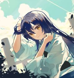 Rule 34 | 1girl, absurdres, archery, blue hair, cloud, hair between eyes, hakama, hand in own hair, highres, japanese clothes, kyuudou, long hair, long sleeves, looking at viewer, love live!, love live! school idol project, muneate, outdoors, sky, smile, solo, sonoda umi, swept bangs, wind, yellow eyes