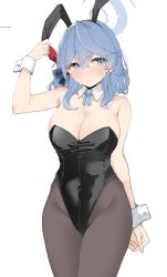 Rule 34 | 1girl, ako (blue archive), alreadyusedpai, animal ears, black leotard, blue archive, blue eyes, blue hair, blush, breasts, cleavage, closed mouth, commentary, detached collar, ear piercing, fake animal ears, hair ribbon, halo, highleg, highleg leotard, highres, large breasts, leotard, looking at viewer, nose blush, pantyhose, piercing, playboy bunny, rabbit ears, ribbon, simple background, solo, strapless, strapless leotard, sweat, symbol-only commentary, wrist cuffs