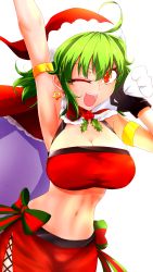 Rule 34 | 1girl, ;d, ahoge, alternate costume, arm up, armlet, armpits, bandeau, bare arms, bare shoulders, black gloves, bow, breasts, capelet, cleavage, commentary request, earrings, eyelashes, gloves, green bow, green hair, hair between eyes, hand up, hat, highres, holding, holding sack, itocoh, jewelry, kazami yuuka, large breasts, looking at viewer, midriff, miniskirt, mistletoe, navel, one eye closed, open mouth, pencil skirt, red bow, red capelet, red eyes, red skirt, sack, santa costume, santa hat, short hair, side slit, simple background, skirt, smile, solo, star (symbol), star earrings, stomach, striped, striped bow, touhou, upper body, v-shaped eyebrows, white background
