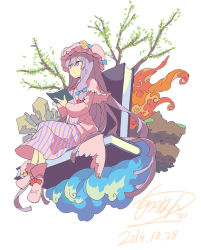 Rule 34 | 1girl, book, bow, capelet, crescent, dated, dress, fire, hair bow, hair ornament, hair ribbon, hat, hat bow, long hair, long sleeves, mob cap, morino hon, nature, open book, patchouli knowledge, pink dress, purple eyes, purple hair, ribbon, signature, simple background, sitting, solo, striped clothes, striped dress, touhou, tree, very long hair, water, white background