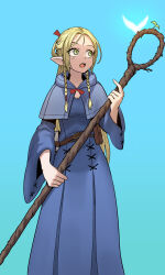 Rule 34 | 1girl, absurdres, belt, belt pouch, blonde hair, blue background, blue capelet, blue hood, blue robe, brown belt, capelet, dungeon meshi, elf, green eyes, highres, holding, holding staff, hood, hooded capelet, long hair, long sleeves, marcille donato, open mouth, pointy ears, pouch, robe, simple background, solo, staff, standing, wide sleeves, yaritoo