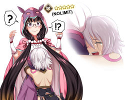 Rule 34 | !?, 2girls, ?, bandages, bandaged arm, bandages, bare back, black hair, breast rest, breasts, breasts on head, brown hair, cloak, closed mouth, crying, closed eyes, fate/apocrypha, fate/grand order, fate (series), glasses, gradient hair, hair over shoulder, hairband, halterneck, halterneck, hikarikung, hood, hood up, hooded cloak, hug, jack the ripper (fate/apocrypha), long hair, low twintails, mask, mask on head, multicolored hair, multiple girls, open mouth, osakabehime (fate), pouch, purple eyes, scar, scar across eye, scar on face, shoulder tattoo, silver hair, speech bubble, spoken interrobang, spoken question mark, tattoo, twintails, very long hair, wavy mouth