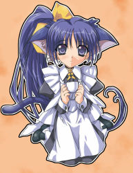Rule 34 | 00s, 1girl, animal ears, blue eyes, blue hair, bow, cat ears, itou noemi, long hair, lowres, matching hair/eyes, solo, tea, with you, yellow bow