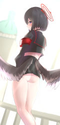Rule 34 | 1girl, absurdres, armband, ass, black serafuku, blue archive, blurry, blurry background, blush, commentary request, halo, highres, looking at viewer, looking back, mashiro (blue archive), no panties, opium0304, purple eyes, school uniform, serafuku, short hair, solo, white background, winged halo, wings
