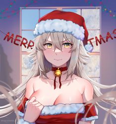 Rule 34 | 1girl, absurdres, bare shoulders, bell, blush, breasts, choker, christmas, cleavage reach, collarbone, commentary, detached sleeves, dress, english commentary, fate/grand order, fate (series), fur-trimmed dress, fur-trimmed headwear, fur trim, grey hair, hair between eyes, hat, highres, huge filesize, jeanne d&#039;arc (fate), jeanne d&#039;arc alter (avenger) (fate), jeanne d&#039;arc alter (fate), jingle bell, large breasts, long hair, looking at viewer, merry christmas, messy hair, neck bell, newmoonshira, pout, red choker, red hat, santa dress, santa hat, solo, strapless, strapless dress, yellow eyes