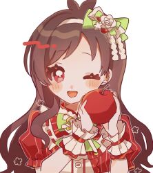 Rule 34 | 1girl, ;d, ameko53133, antenna hair, apple, blush, brown hair, food, fruit, highres, holding, holding food, holding fruit, idolmaster, idolmaster cinderella girls, looking at viewer, one eye closed, open mouth, puffy short sleeves, puffy sleeves, red eyes, red shirt, scrunchie, shirt, short sleeves, simple background, smile, solo, striped clothes, striped shirt, tsujino akari, upper body, white background, wrist scrunchie