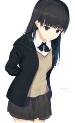 Rule 34 | 1girl, absurdres, amagami, arms behind back, ayatsuji tsukasa, black eyes, black hair, black jacket, black neckwear, black skirt, blazer, breasts, closed mouth, collared shirt, dated, dress shirt, happy birthday, highres, huge filesize, jacket, kibito high school uniform, long hair, looking at viewer, misaki nonaka, open clothes, open jacket, pleated skirt, school uniform, shirt, simple background, skirt, small breasts, smile, solo, sweater vest, white background, white shirt