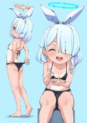 Rule 34 | 1girl, arona (blue archive), ass, barefoot, bikini, bikini pull, black bikini, blue archive, blue background, blue eyes, blue hair, blush, bow, braid, butt crack, clothes pull, closed eyes, feeding, feet, from behind, full body, hair bow, hair over one eye, highres, hizikit, kneepits, legs, looking back, multiple views, one-piece tan, open mouth, pout, pulling own clothes, ribbon, short hair, simple background, sitting, smile, soles, solo, spoon, standing, striped, striped background, swimsuit, tan, tanline, thighs, toes