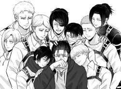 Rule 34 | 1other, 3girls, 6+boys, annie leonhart, armin arlert, bandage over one eye, black hair, closed eyes, collared shirt, connie springer, crying, eren yeager, eyepatch, facial hair, glasses, hair up, hand on another&#039;s shoulder, hange zoe, highres, hood, hoodie, jean kirstein, leaning on person, levi (shingeki no kyojin), mikasa ackerman, monochrome, multiple boys, multiple girls, reiner braun, sasha blouse, scarf, shingeki no kyojin, shirt, smile, user jkep5584, white shirt