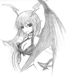 Rule 34 | 1girl, am24, bare shoulders, bikini, breasts, cleavage, demon girl, fangs, female focus, long hair, lord of vermilion, monochrome, navel, open mouth, pointy ears, sketch, smile, solo, demon girl, succubus (lord of vermilion), swimsuit, tail, traditional media, white background