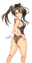 Rule 34 | 1girl, alternate breast size, ass, black hair, brown eyes, commentary request, competition swimsuit, cowboy shot, from behind, grey one-piece swimsuit, hair ribbon, highres, kantai collection, kuga zankurou, long hair, looking back, one-piece swimsuit, ribbon, simple background, smile, solo, swimsuit, twintails, twitter username, white background, zuikaku (kancolle)