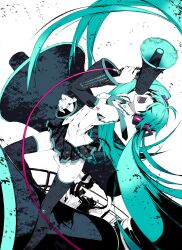 Rule 34 | 1girl, absurdres, ahoge, aqua hair, aqua nails, arm tattoo, belt, black skirt, black thighhighs, boots, breasts, cable, collared shirt, covered eyes, detached sleeves, feet out of frame, hair ornament, hair over eyes, hand up, hatsune miku, headphones, highres, holding, koi wa sensou (vocaloid), long hair, megaphone, miniskirt, miwa shirow, nail polish, official art, open mouth, oversized object, partially colored, pleated skirt, shirt, shouting, sideways, skirt, sleeveless, sleeveless shirt, small breasts, solo, supercell (band), tattoo, teeth, thigh boots, thighhighs, twintails, very long hair, vocaloid, white background, white shirt, zettai ryouiki