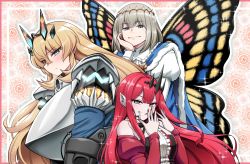 Rule 34 | 1boy, 2girls, armor, baobhan sith (fate), baobhan sith (first ascension) (fate), bare shoulders, barghest (fate), barghest (first ascension) (fate), blonde hair, blush, breastplate, breasts, butterfly wings, center frills, circlet, detached collar, detached sleeves, dress, earrings, fairy, fate/grand order, fate (series), frills, gauntlets, green eyes, grey eyes, grin, highres, horns, insect wings, jewelry, kanno takanori, large breasts, long hair, looking at viewer, medium breasts, multiple girls, oberon (fate), pauldrons, pink hair, pointy ears, red dress, short hair, shoulder armor, sidelocks, smile, wings