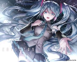 Rule 34 | 1girl, @ (symbol), aqua eyes, aqua hair, artist name, bare shoulders, black skirt, black sleeves, black thighhighs, blue nails, blue necktie, breasts, commentary request, dated, detached sleeves, grey shirt, hair between eyes, hair ornament, hatsune miku, long hair, looking at viewer, medium breasts, nail polish, necktie, open mouth, shirt, skirt, sleeveless, sleeveless shirt, solo, teeth, thighhighs, twintails, twitter username, upper teeth only, very long hair, vocaloid, z-epto (chat-noir86)
