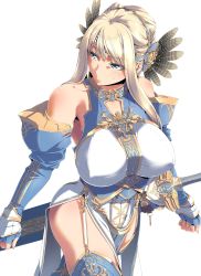 Rule 34 | 1girl, bare shoulders, blonde hair, breasts, detached sleeves, dress, garter straps, hair up, highres, large breasts, scabbard, schelz, sheath, solo, sword, teppeki no megami, thighhighs, valkyrie, weapon, white background