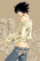Rule 34 | 00s, 1boy, ass, bags under eyes, bare shoulders, black eyes, black hair, death note, l (death note), male focus, open mouth, smile, solo
