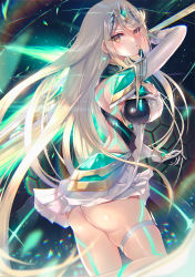 Rule 34 | 1girl, aegis sword (xenoblade), armor, ass, back, bare shoulders, blush, breasts, cleavage, cleavage cutout, clothing cutout, dress, earrings, elbow gloves, gloves, highres, inoue takuya (tactactak), jewelry, large breasts, long hair, looking at viewer, looking back, mythra (xenoblade), open mouth, short dress, shoulder armor, sidelocks, solo, swept bangs, sword, thighs, tiara, weapon, white dress, white gloves, xenoblade chronicles (series), xenoblade chronicles 2, yellow eyes