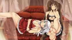 Rule 34 | 2girls, :o, bad id, bad pixiv id, black dress, blue eyes, blush, breasts, brown eyes, brown hair, cleavage, clothing cutout, collarbone, couch, dress, feet, garimpeiro, hand on own cheek, hand on own face, highres, lap pillow, lingerie, long hair, looking at viewer, lying, medium breasts, multiple girls, navel, on back, original, parted lips, red dress, sitting, smile, soles, stomach cutout, twintails, underboob, underboob cutout, underwear, very long hair, white hair