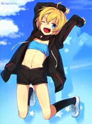 Rule 34 | 1girl, :d, arms up, blonde hair, cloud, day, female focus, highres, iris (ryou@ryou), jacket, jumping, midriff, one eye closed, open mouth, original, outdoors, ryou@ryou, short hair, short shorts, shorts, smile, solo, strapless, tube top, twitter username