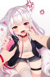 Rule 34 | 1girl, :o, anger vein, animal ear fluff, animal ears, bandeau, belt, black jacket, black shorts, breasts, cat ears, cat girl, collar, collarbone, commentary request, ear piercing, fang, finger in another&#039;s mouth, fox ears, fox tail, from above, frown, heterochromia, highres, hood, hood down, hooded jacket, jacket, leash, long hair, long sleeves, looking at viewer, midriff, mouth pull, multicolored hair, nail polish, navel, open clothes, open jacket, open mouth, original, piercing, pink eyes, pink hair, pink nails, saliva, shiira (nya rl), short shorts, shorts, silver hair, single thighhigh, sitting, slit pupils, small breasts, solo focus, stomach, sweat, tail, thigh strap, thighhighs, two-tone hair, v-shaped eyebrows, very long hair, viewer holding leash, white thighhighs, yellow eyes