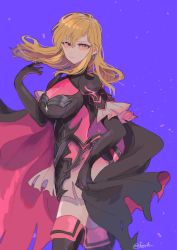 Rule 34 | 1girl, armor, black footwear, black gloves, blonde hair, blue background, blush, boots, breasts, brown eyes, cape, cleavage cutout, closed mouth, clothing cutout, cowboy shot, elbow gloves, fes4, fire emblem, fire emblem: genealogy of the holy war, gloves, hand on own chest, lachesis (fire emblem), long hair, looking at viewer, medium breasts, nintendo, official alternate costume, shoulder armor, simple background, smile, solo, sword, thigh boots, thighhighs, torn cape, torn clothes, twitter username, weapon, zettai ryouiki