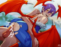 Rule 34 | 1boy, 1girl, arm around waist, artist logo, ass, back, bare back, bare shoulders, bat wings, blue gloves, blue pantyhose, blurry, blurry background, blush, boots, capcom, cum, cum in pussy, cum overflow, ejaculation, elbow gloves, excited, fang, feet out of frame, from behind, from side, girl on top, gloves, hair between eyes, hand on another&#039;s shoulder, head wings, hetero, leaning forward, leotard, lilith aensland, motion lines, nose, off-shoulder leotard, off shoulder, open mouth, pantyhose, penis, petite, ponpu (pumpkinsinclair), purple hair, red eyes, red footwear, red leotard, sex, short hair, sitting, smile, solo focus, teeth, testicles, tongue, torn clothes, torn pantyhose, uncensored, upper teeth only, vaginal, vampire, vampire (game), wings
