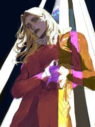 Rule 34 | 2boys, blonde hair, blue eyes, collar, curly hair, frilled collar, frilled sleeves, frills, funny valentine, gloves, hand on own chest, highres, jojo no kimyou na bouken, lipstick, long hair, makeup, male focus, multiple boys, puppetjackmj, scared, stand (jojo), steel ball run, tusk act4