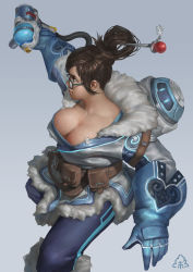Rule 34 | 1girl, absurdres, bad id, bad pixiv id, beads, belt, belt pouch, black-framed eyewear, blizzard (company), blue gloves, blue legwear, boots, breasts, brown eyes, brown hair, canister, canteen, chen zhang, cleavage, closed mouth, coat, collarbone, cowboy shot, drone, energy gun, finger on trigger, floating, fur-trimmed boots, fur-trimmed jacket, fur boots, fur coat, fur trim, glasses, gloves, gun, hair bun, hair ornament, hair stick, hand up, handgun, harness, highres, holding, holding gun, holding weapon, hua ye cai, jacket, knee boots, large breasts, lips, machinery, mei (overwatch), open clothes, open coat, overwatch, overwatch 1, parka, pouch, ray gun, robot, short hair, sidelocks, simple background, single hair bun, snowball (overwatch), snowflake hair ornament, solo, standing, strap, swept bangs, tank top, utility belt, weapon, winter clothes, winter coat
