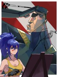 Rule 34 | 1boy, 1girl, abstract, abstract background, bare shoulders, beret, blue eyes, blue hair, earrings, easel, eyepatch, father and daughter, gloves, hat, heidern, highres, jewelry, leona heidern, oni gini, paint stains, paintbrush, painting (object), ponytail, sleeveless, the king of fighters, the king of fighters xv, triangle earrings