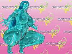 Rule 34 | 1girl, alpha-152, barefoot, blank eyes, blue hair, blue theme, breasts, circle max, cum, dancing v, dead or alive, feet, large breasts, long hair, monster girl, nipples, nude, pointy ears, slime girl, tecmo, toes