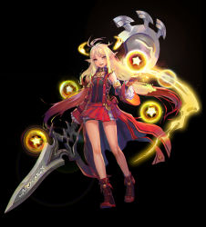 Rule 34 | 1girl, absurdres, battle mage (dungeon and fighter), black background, black footwear, black gloves, blonde hair, boots, bow, detached sleeves, dungeon and fighter, fingerless gloves, frilled sleeves, frills, gloves, highres, holding, holding polearm, holding spear, holding weapon, hong yu, huge weapon, long hair, mage (dungeon and fighter), magic, multicolored footwear, pointy ears, polearm, red bow, red footwear, sidelocks, simple background, smile, solo, spear, star (symbol), weapon