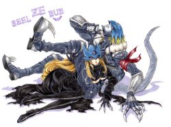 Rule 34 | 1boy, 1girl, ass, beelstarmon, beelzebumon, black jacket, black pants, blonde hair, boots, breasts, cape, character name, claws, demon, digimon, digimon (creature), fangs, fur-trimmed jacket, fur trim, helmet, jacket, long hair, looking at viewer, lying, pants, paruko (baalbeel11), red eyes, revealing clothes, short hair, simple background, torn cape, torn clothes, traditional media, underboob, vambraces, white background