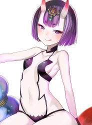 Rule 34 | 1girl, :q, absurdres, atg (wttoo0202), bob cut, breasts, fate/grand order, fate (series), highres, horns, looking at viewer, navel, oni, pale skin, purple eyes, purple hair, short hair, shuten douji (fate), simple background, small breasts, solo, tongue, tongue out, white background