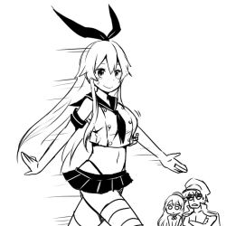 Rule 34 | 10s, 1boy, 2girls, admiral (kancolle), aged up, alternate breast size, atago (kancolle), character request, greyscale, kantai collection, long hair, monochrome, multiple girls, shimakaze (kancolle), simple background, sketch, skirt, smile, sweatdrop, thighhighs, walking, wavy mouth, white background, zaxwu
