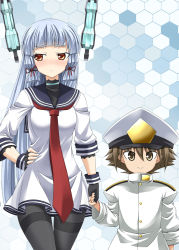 Rule 34 | 10s, 1boy, 1girl, admiral (kancolle), black gloves, black pantyhose, blush, brown eyes, brown hair, dress, fingerless gloves, gloves, hand on own hip, hat, head grab, height difference, hetero, highres, holding hands, kantai collection, little boy admiral (kancolle), long hair, long sleeves, looking away, military, military hat, military uniform, murakumo (kancolle), neckerchief, necktie, oversized clothes, pantyhose, rappa (rappaya), school uniform, serafuku, silver hair, smile, thighband pantyhose, tsundere, uniform, very long hair, white dress