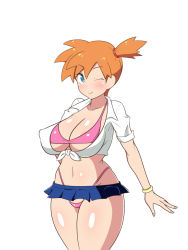Rule 34 | 1girl, adapted costume, aqua eyes, areola slip, asymmetrical hair, bare legs, blush, breasts, covered erect nipples, creatures (company), dd (giogio99), game freak, gym leader, highleg, highleg panties, highres, large breasts, legs, legs together, microskirt, misty (pokemon), navel, nintendo, one eye closed, orange hair, panties, pants, pokemon, pokemon rgby, ponytail, shirt, short hair, side ponytail, skirt, smile, solo, standing, tank top, thick thighs, thighs, underwear, white shirt, wide hips