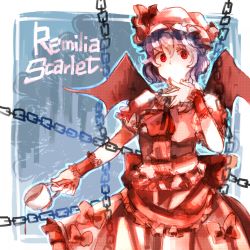 Rule 34 | 1girl, ascot, azya, bad id, bad pixiv id, bow, chain, character name, cup, dress, female focus, hat, highres, purple hair, red eyes, remilia scarlet, short hair, solo, touhou, wings, wrist cuffs
