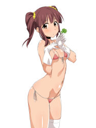 Rule 34 | 10s, 1girl, bad id, bad pixiv id, bikini, blush, breasts, choker, clover, four-leaf clover, gloves, idolmaster, idolmaster cinderella girls, loliconder, looking at viewer, micro bikini, navel, ogata chieri, side-tie bikini bottom, simple background, single thighhigh, small breasts, solo, standing, swimsuit, thighhighs, twintails, white background, white gloves, white thighhighs