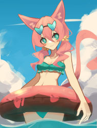 Rule 34 | 1girl, :3, absurdres, animal ears, aqua bikini, aqua eyes, bikini, breasts, bright pupils, cat ears, cat girl, cat tail, cleavage, cloud, ghost (tama), heart, heart-shaped eyewear, highres, huge filesize, innertube, looking to the side, original, sky, small breasts, smile, solo, swim ring, swimsuit, tail, twintails, water, white pupils