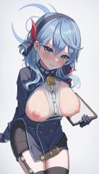 Rule 34 | absurdres, ako (blue archive), bell, between breasts, blue archive, blue coat, blue eyes, blue hair, blue hairband, blush, breasts, clipboard, clothes between breasts, unworn clothes, coat, collar, cowbell, garter straps, gloves, hairband, half gloves, halo, highres, holding, holding clipboard, icetea774, large breasts, leash, looking at viewer, neck bell, nipples, simple background, thighs
