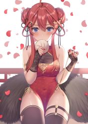 Rule 34 | 1girl, ahoge, baozi, bare shoulders, black thighhighs, blue eyes, breasts, china dress, chinese clothes, cleavage, cleavage cutout, clothing cutout, commentary request, covered navel, double bun, dress, eating, flower knot, food, go-toubun no hanayome, hair bun, hair ornament, hair ribbon, highres, holding, izumo neru, large breasts, long hair, looking at viewer, nakano itsuki, pelvic curtain, petals, red dress, red hair, ribbon, sleeveless, sleeveless dress, solo, star (symbol), star hair ornament, thighhighs, thighs