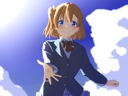 Rule 34 | 1girl, artist name, artist request, bare legs, blue eyes, blue jacket, blue skirt, blue sky, blush, bow, checkered clothes, checkered skirt, clenched hand, cloud, collared shirt, female focus, hair between eyes, jacket, kosaka honoka, looking at viewer, love live!, love live! school idol project, momoeolia, orange hair, otonokizaka school uniform, outdoors, parted lips, reaching, reaching towards viewer, red bow, school uniform, shirt, side ponytail, skirt, sky, smile, solo, striped, striped bow, white shirt, yellow bow