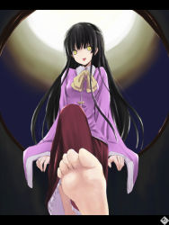 Rule 34 | 1girl, :p, barefoot, feet, female focus, foot focus, foot worship, from below, full moon, houraisan kaguya, letterboxed, looking at viewer, moon, nabeshima tetsuhiro, round window, soles, solo, tongue, tongue out, touhou, window, yellow eyes
