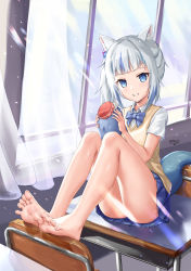 Rule 34 | 1girl, 1other, absurdres, alternate costume, animal ears, arms up, bare legs, barefoot, bloop (gawr gura), blue hair, blue skirt, blush, brown vest, cat ears, classroom, collared shirt, commentary, curtains, desk, edchi, english commentary, feet, fins, fish tail, foot focus, gawr gura, grey hair, hair ornament, highres, holding, hololive, hololive english, indoors, knees up, legs, legs together, long legs, looking at viewer, medium hair, multicolored hair, official alternate hairstyle, on desk, panties, pantyshot, parted lips, pleated skirt, school uniform, shadow, shark girl, shark tail, sharp teeth, shirt, short sleeves, side ponytail, sidelocks, signature, sitting, on desk, skirt, streaked hair, tail, teeth, thighs, toes, underwear, vest, virtual youtuber, white panties, white shirt, window