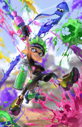 Rule 34 | absurdres, arm up, bare arms, beitemian, black shorts, blue eyes, blurry, blurry background, full body, gloves, green hair, grin, headband, highres, holding, ink tank (splatoon), inkling, inkling boy, inkling player character, jumping, leggings, leggings under shorts, looking at another, looking down, looking up, male focus, mask, midriff peek, navel, nintendo, outstretched arm, paint, paint splatter, pants, pantyhose, pointy ears, shirt, shoes, short hair, short sleeves, shorts, smile, soles, solo focus, splashing, squid, stomach, super soaker, t-shirt, tentacle hair