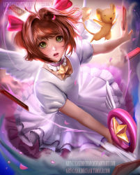 Rule 34 | 1990s (style), 1girl, :o, angel wings, antenna hair, artist name, brown hair, card, cardcaptor sakura, clow card, collar, dress, frilled collar, frills, green eyes, hair ribbon, holding, holding card, hoshi no tsue, kero (cardcaptor sakura), kinomoto sakura, looking at viewer, magical girl, open mouth, puffy short sleeves, puffy sleeves, retro artstyle, ribbon, sakimichan, short hair, short sleeves, star (symbol), two side up, wand, watermark, web address, white dress, white wings, wings