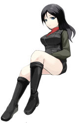 Rule 34 | 10s, 1girl, aqua eyes, black hair, black skirt, blue eyes, boots, full body, girls und panzer, green jacket, jacket, knee boots, long hair, long sleeves, looking at viewer, military, military uniform, miniskirt, nonna (girls und panzer), open mouth, pleated skirt, red shirt, rindou (faker&#039;s manual), shirt, sitting, skirt, solo, turtleneck, uniform, vest, white background