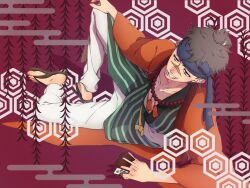 Rule 34 | 1boy, blue headband, brown eyes, brown hair, card, egasumi, facial hair, hand on own knee, headband, highres, japanese clothes, jewelry, kimono, knee up, lying, male focus, necklace, on side, pants, playing card, revenger, sandals, scar, scar on face, scar on nose, sisi07612, solo, souji (revenger), stubble, white pants