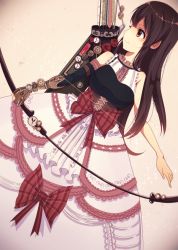 Rule 34 | 10s, 1girl, akagi (kancolle), alternate costume, arm warmers, arrow (projectile), bad id, bad pixiv id, bow (weapon), brown eyes, brown hair, clock, dress, flight deck, gears, gloves, kantai collection, long hair, muneate, partially fingerless gloves, partly fingerless gloves, personification, quiver, ribbon, shimashima, single glove, smile, solo, weapon, yugake