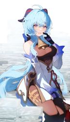 Rule 34 | 1girl, ahoge, bad id, bad twitter id, bare shoulders, bell, black bodysuit, black gloves, blue hair, blush, bodysuit, breasts, chinese knot, commentary request, cowbell, detached sleeves, finger to mouth, ganyu (genshin impact), genshin impact, gloves, goat horns, hair between eyes, highres, horns, long hair, long sleeves, looking at viewer, medium breasts, neck bell, open mouth, purple eyes, shotgunman, sidelocks, sitting, smile, solo, vision (genshin impact)